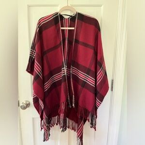 ❄️ Burgundy Plaid Acrylic Fringed Blanket Poncho One Size Fits All